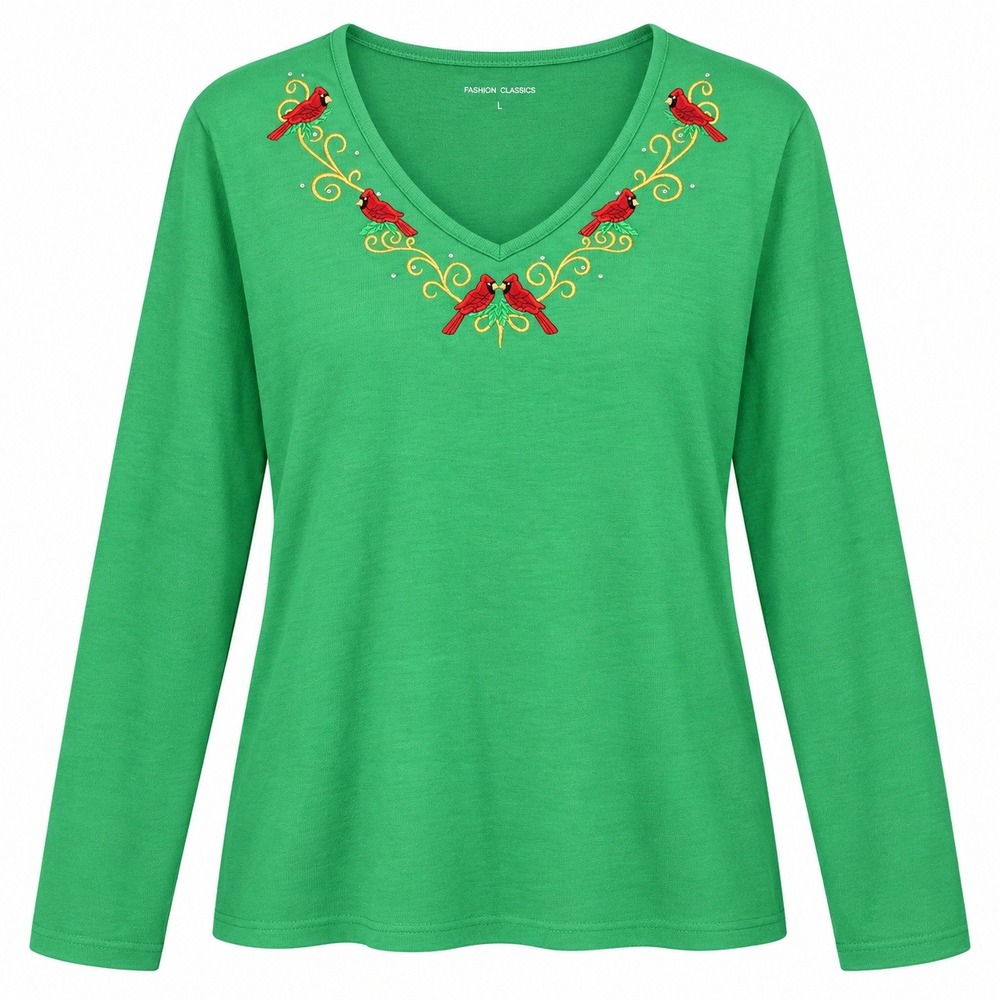 Fashion Classics Cardinal Embroidered Top Womens L Green Excellent Holiday Bird